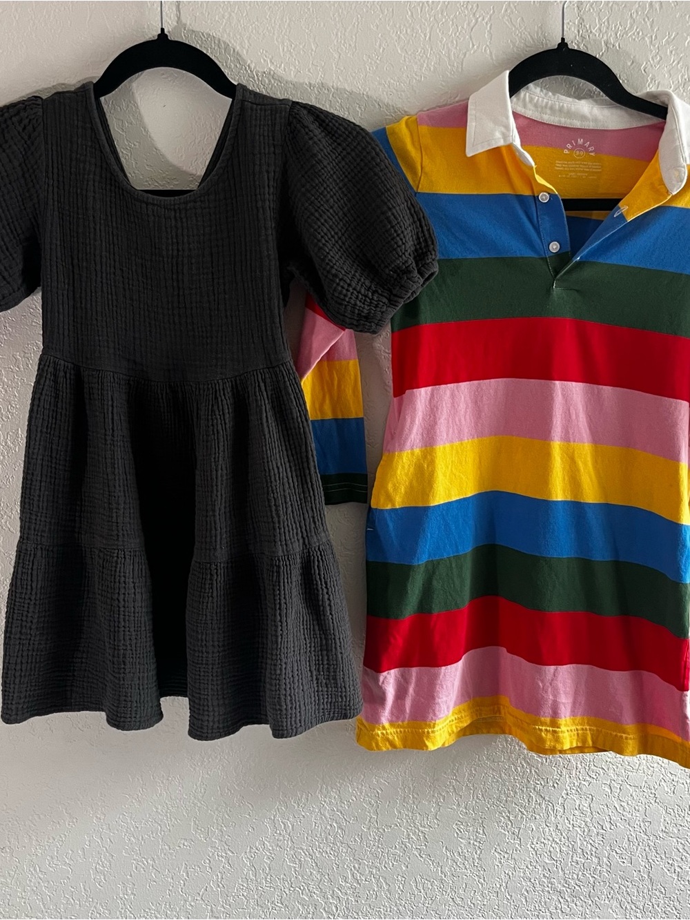 Cotton On, Primary Black Textured Puff-Sleeve and Rugby Rainbow Dress Girls Sz 8
